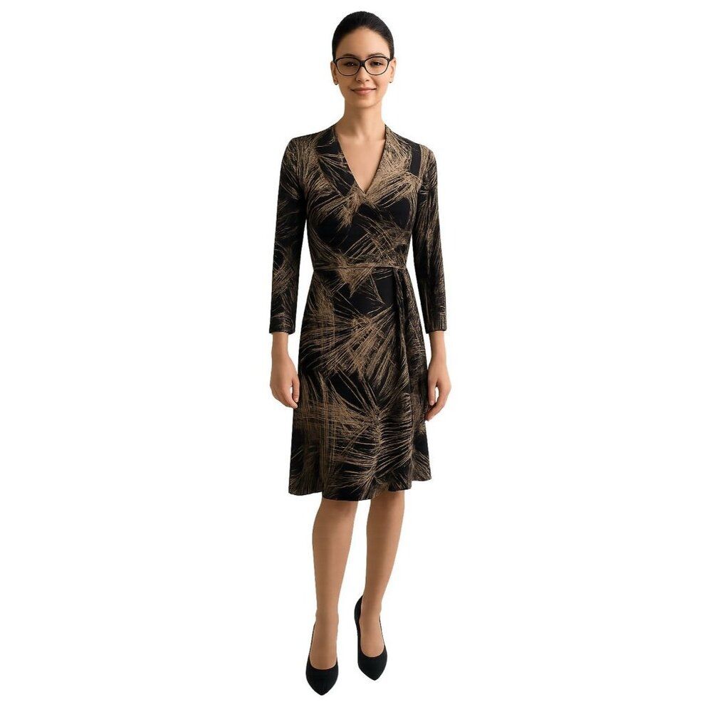 Lily Wrap Dress Long Sleeve Brown Black V Neck Vintage Women's Woman's Small